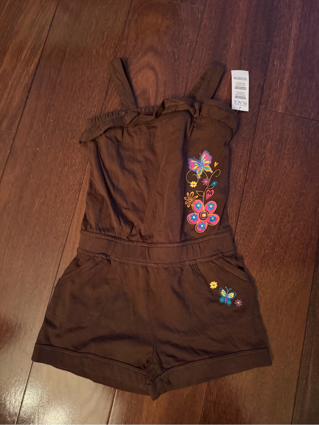 The Children's Place Brown Butterfly Floral Embroideredt Romper